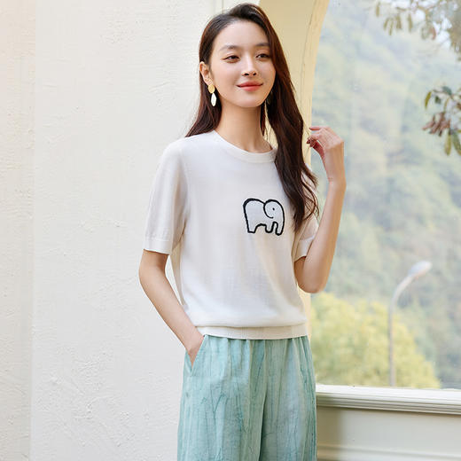 玳莎减龄感小象提花针织衫2025夏季新款简约通勤羊毛短袖圆领T恤  FB33103 商品图1