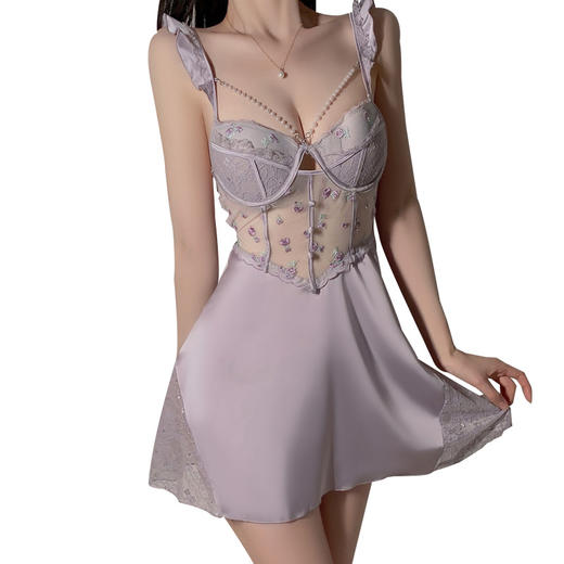 DZ瑰若品牌内衣甜美珍珠链装饰深V钢圈加胸垫吊带睡裙家居服4141 商品图4