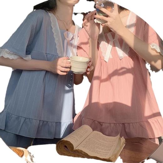 宫廷风睡衣女士夏季短袖带胸垫韩系方领小个子甜美闺蜜家居服套装 商品图4