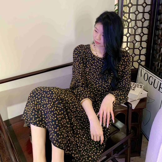 顺丰包邮洛诗琳73706春夏新款高级感法式气质真丝碎花连衣裙0561 商品图2