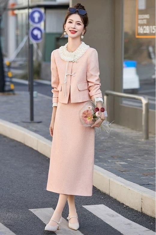 ANSUABEL 粉色气质花边珍珠领外套半裙套装 20105 商品图1