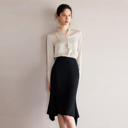 IWY/时髦小姨风穿搭套装新款香槟色长袖衬衫两件套黑色鱼尾半裙B523+S2207 商品图4