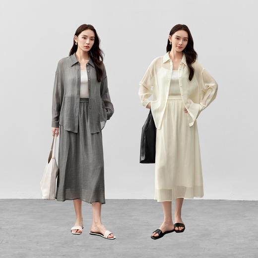 151Z58654微褶莱赛尔套装轻盈飘逸落肩宽松衬衫&松紧腰中长A字半身裙-RJ054 商品图4