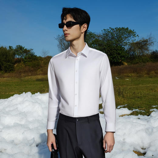 圣得西男士长袖衬衫商务休闲通勤透气经典易搭白色简约男装上衣2512952001A 商品图2