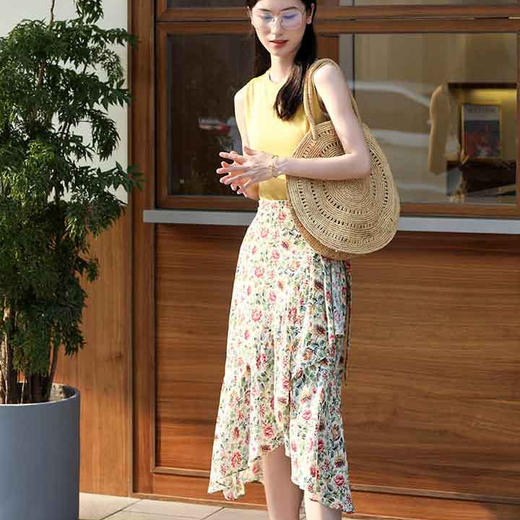 顺丰包邮洛诗琳73941夏季新款双皱绑带真丝碎花半身裙0997 商品图0