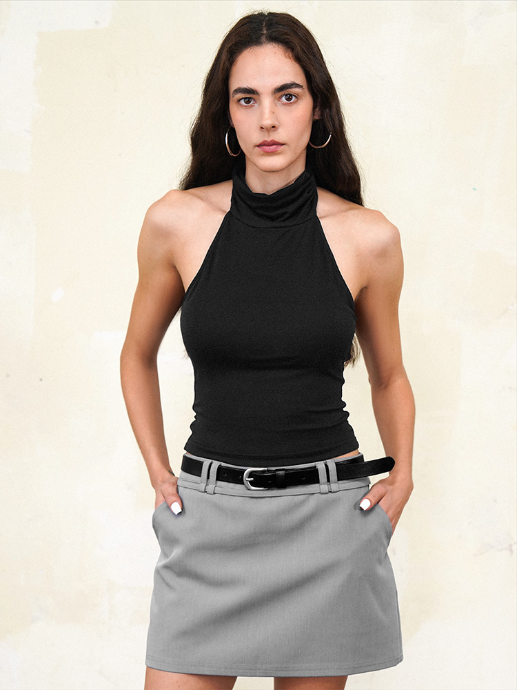 TR她热 都市辣妹 黑色冰丝凉感露背性感带胸垫挂脖吊带背心