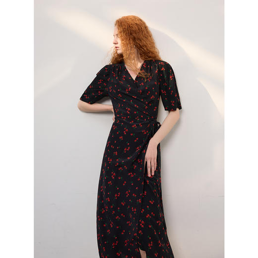 三彩2025夏季新款印花连衣裙法式复古茶歇裙泡泡袖V领长裙S 商品图2