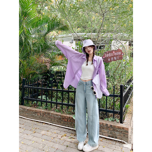 <曾小咸推荐>高腰显瘦百搭浅蓝色阔腿弯刀牛仔裤 商品图1