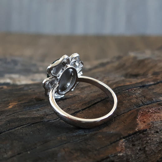 【天然正品】AU750白金镶钻镶天然冰种蛋面墨绿翡翠戒指14号（戒圈可改）女士现售价：2880！240325NJM04 商品图5