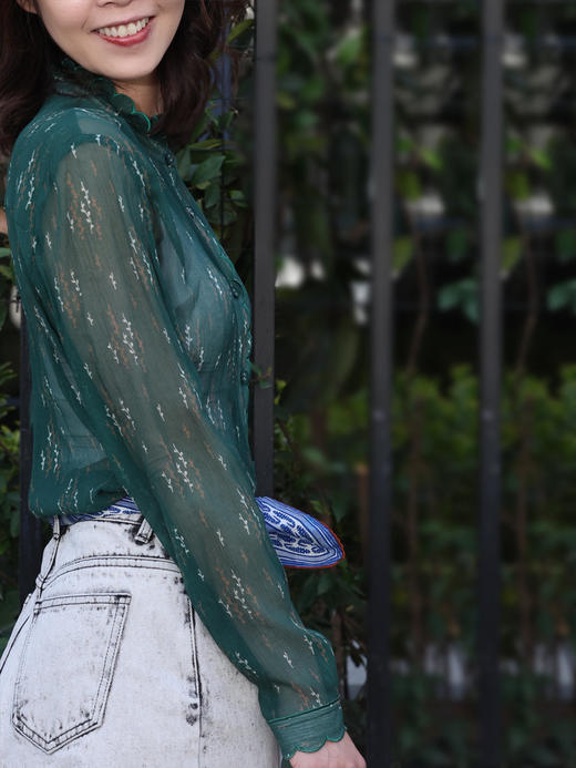 TYNVIE 花边领长袖真丝衬衫 - 绿色 商品图4