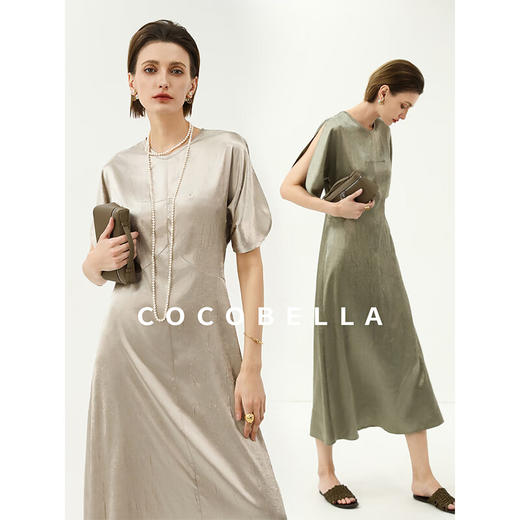 COCOBELLA灵动蝴蝶袖肌理光泽感连衣裙优雅捏褶茶歇裙FR3080 商品图3