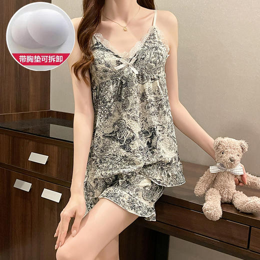 2025新款吊带睡衣女国潮甜美卡通带胸垫套装泡泡皱夏季日系家居服学生甜美睡衣 商品图1