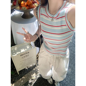 <曾小咸推荐>复古修身显瘦蓝红条纹针织背心