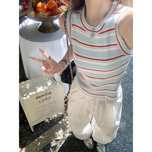 <曾小咸推荐>复古修身显瘦蓝红条纹针织背心 商品图0