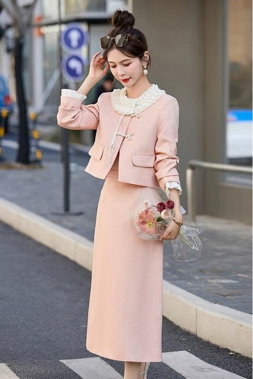 ANSUABEL 粉色气质花边珍珠领外套半裙套装 20105 商品图4