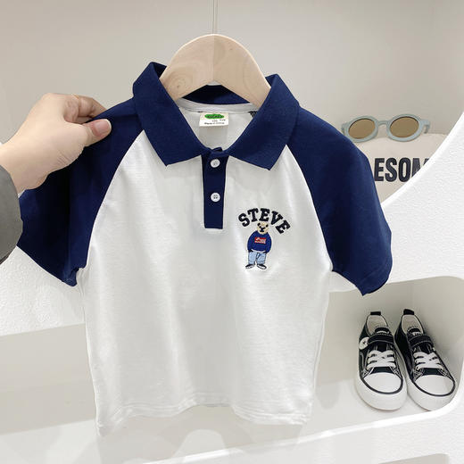 【时尚撞色设计，舒适弹力面料】2025新品夏款童装 男童儿童撞色弹力圆领短袖T恤 上衣POLO衫-QQ 商品图3