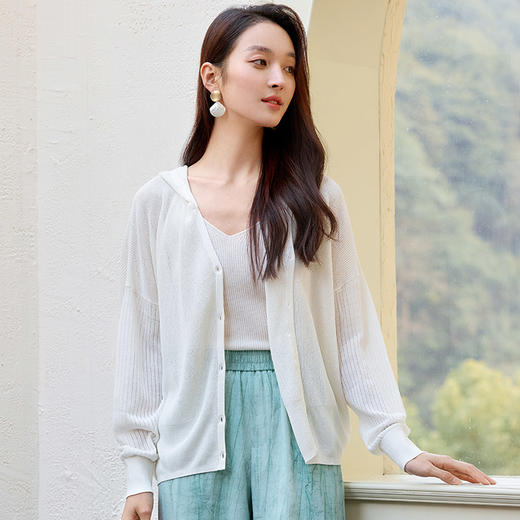 玳莎和纸纱连帽针织开衫女2025夏季新款轻薄透气简约空调衫披肩    FB33301 商品图0