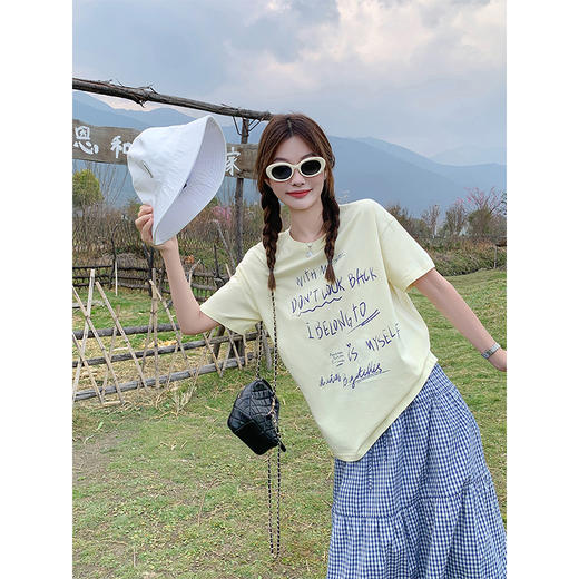 <曾小咸推荐>甜美清新黄色字母印花宽松短袖T恤 商品图2