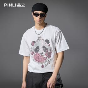 PINLI品立2025夏季新款男士熊猫烫钻圆领短袖T恤上衣BG252111007