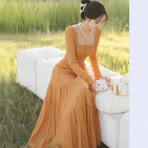 春季法式收腰显瘦长裙橘色方领连衣裙HR-syfs9989 商品图2