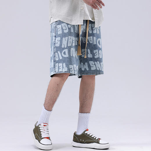 【DYG】大依优型大码男装牛仔短裤宽松OVS风潮牌印花松紧腰运动牛仔裤中裤夏季男士五分裤 商品图1
