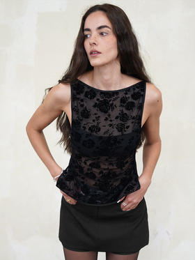 TR她热 暗香 黑色玫瑰植绒网纱透视性感复古带胸垫背心上衣