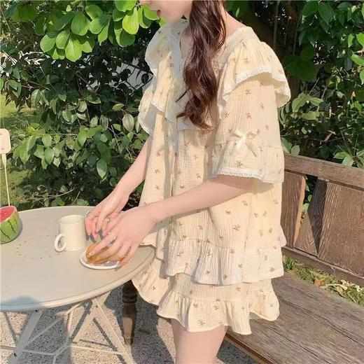 夏天网红风蕾丝碎花短袖短裤仿棉睡衣女夏季小个子家居服外穿套装 商品图3