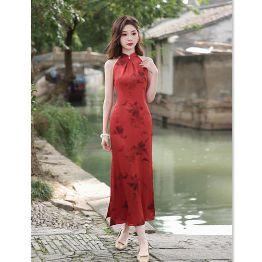 长款仿醋酸红挂脖少女款旗袍2025春夏新款改良新中式日常可穿旗袍SYK13427 商品图0