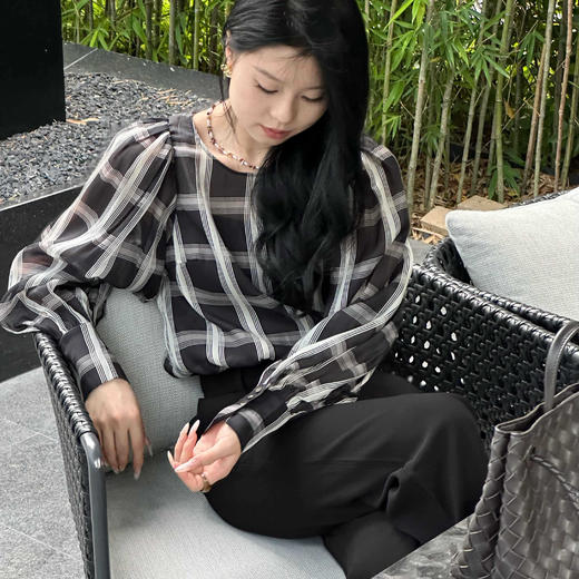 顺丰包邮洛诗琳99437春季精致丝绵格子上衣气质直筒长裤套装0120 商品图2