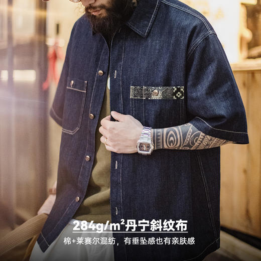 工装优惠美式复古boro丹宁回潮牛仔衬衣日系蓝染翻领衬衫外套男春 商品图2
