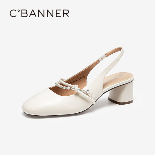 千百度珍珠带玛丽珍凉鞋女中跟真皮包头后空时装凉鞋A25276060 商品图1