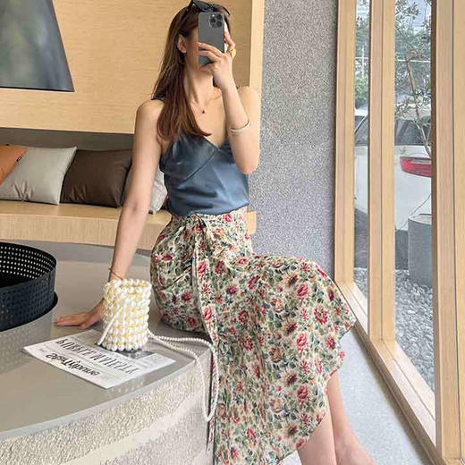 顺丰包邮洛诗琳73941夏季新款双皱绑带真丝碎花半身裙0997 商品图3