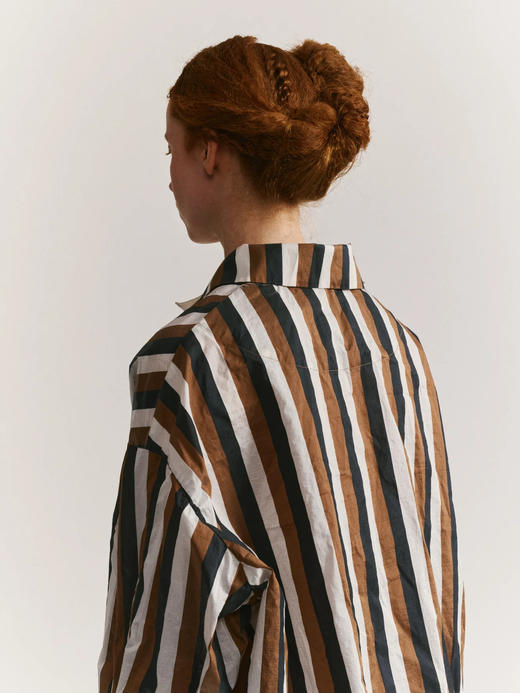 Casey Casey  黑茶条纹tippy塔夫绸系扣上衣 商品图2