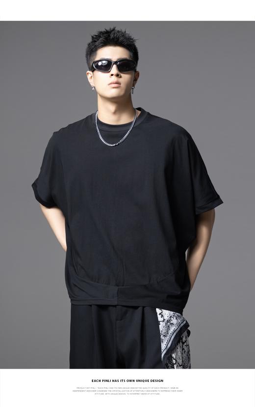 PINLI品立2025夏季新款拼接宽松廓形短袖T恤男士潮流纯色百搭上衣B252111030 商品图6