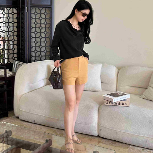 顺丰包邮洛诗琳99259轻奢真丝荡领上衣百搭高腰短裤通勤套装0021 商品图1