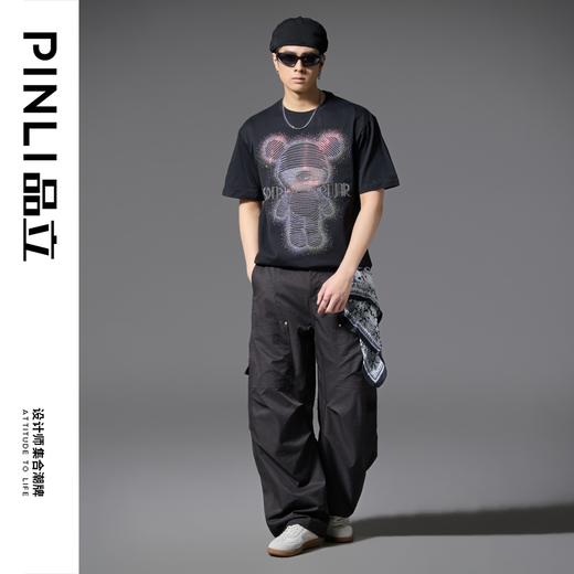 PINLI品立2025夏季新款小熊烫钻短袖T恤男士潮牌百搭纯棉体恤上衣BG252111004 商品图1