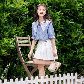 【清凉衬衫搭配百褶裙，超时尚！】女童套装2025夏季新款 亲子装中大童夏装 衬衫儿童百褶裙子两件套-QQ