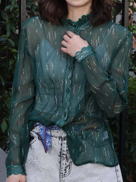 TYNVIE 花边领长袖真丝衬衫 - 绿色