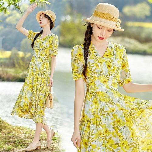 雪纺碎花连衣裙收腰显瘦仙女长裙HR-SYY2322B 商品图1