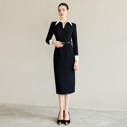 IWY/职业通勤女装高级感轻熟风连衣裙女黑白撞色翻领西装收腰包臀裙Q1295 商品图2