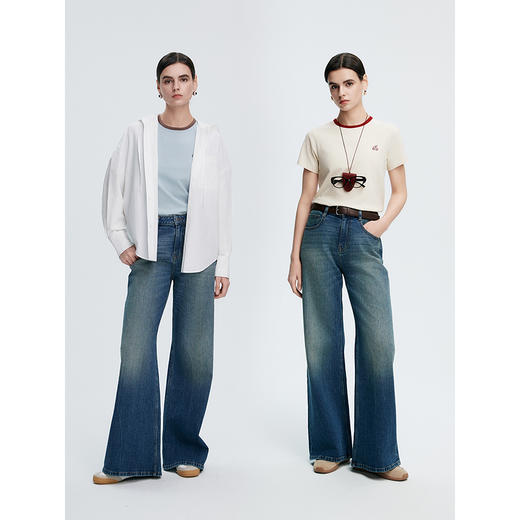 棉仓363601009-初棉复古撞色领口马蹄美式刺绣正肩合体T棉弹舒适感修腰T 商品图4