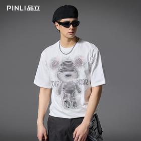PINLI品立2025夏季新款小熊烫钻短袖T恤男士潮牌百搭纯棉体恤上衣BG252111004