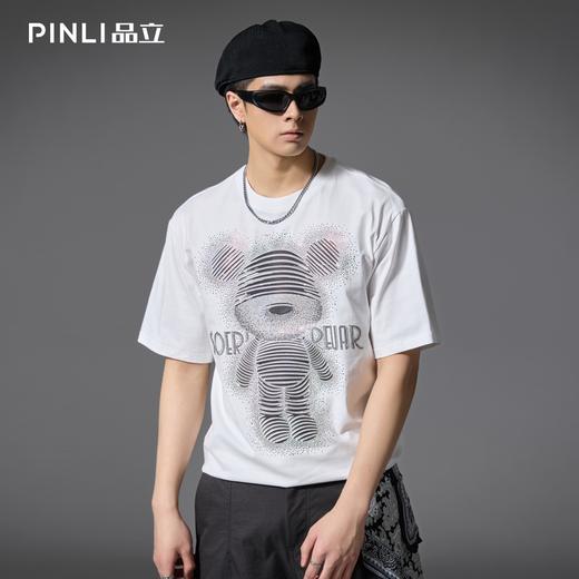 PINLI品立2025夏季新款小熊烫钻短袖T恤男士潮牌百搭纯棉体恤上衣BG252111004 商品图0