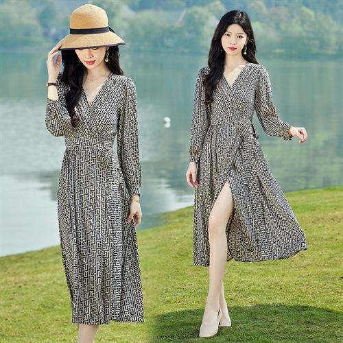 复古缎面印花收腰显瘦减龄裙子（门襟对叠式，胸围腰围可调节）HR-SYY23005A 商品图1