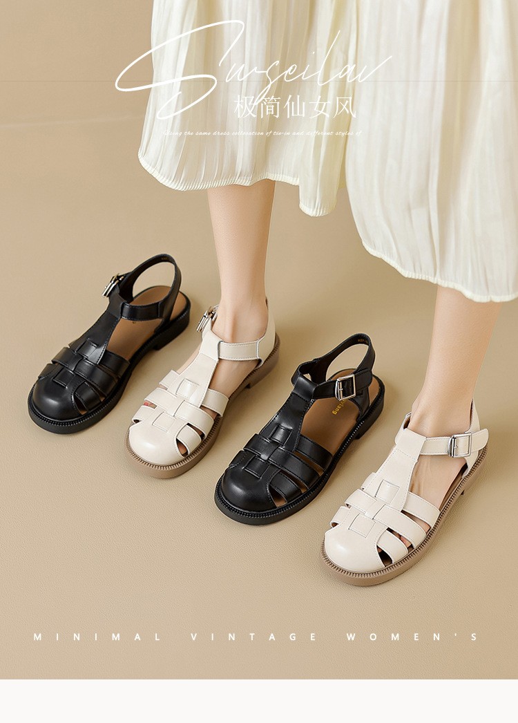 法式包头罗马凉鞋女2025新款夏季百搭厚底镂空猪笼女鞋