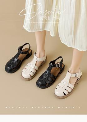 法式包头罗马凉鞋女2025新款夏季百搭厚底镂空猪笼女鞋