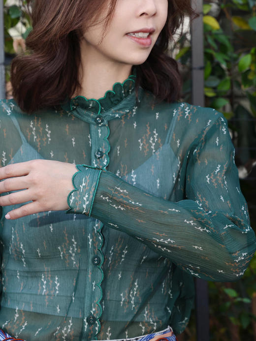 TYNVIE 花边领长袖真丝衬衫 - 绿色 商品图8