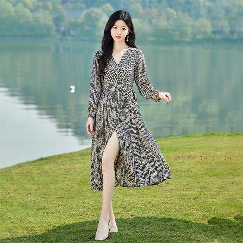 复古缎面印花收腰显瘦减龄裙子（门襟对叠式，胸围腰围可调节）HR-SYY23005A 商品图4