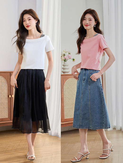 【专属特价】熙世界休闲一字领短袖T恤夏季2025新款别致粉色上衣设计感小众 商品图4