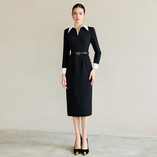 IWY/职业通勤女装高级感轻熟风连衣裙女黑白撞色翻领西装收腰包臀裙Q1295 商品图0